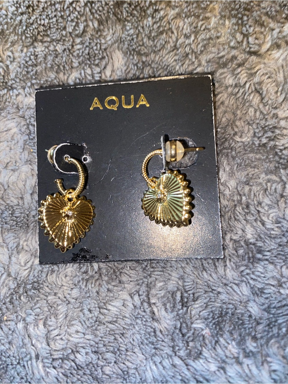 Aqua Gold Textured Heart Drop Earrings $50
